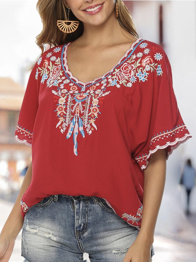 Short Sleeve Floral Embroidered  Top