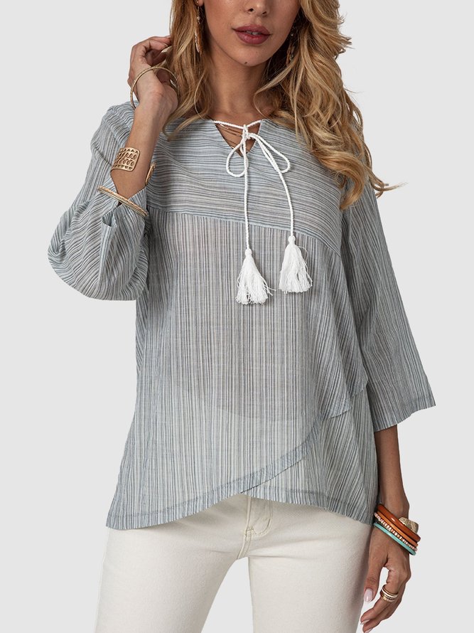 Blue Lace-Up Casual Shift V Neck Top