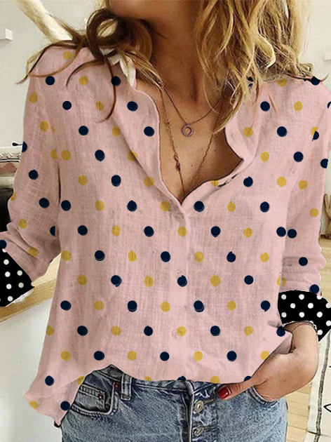 Vintage Shirt Collar Cotton Polka Dots Blouse
