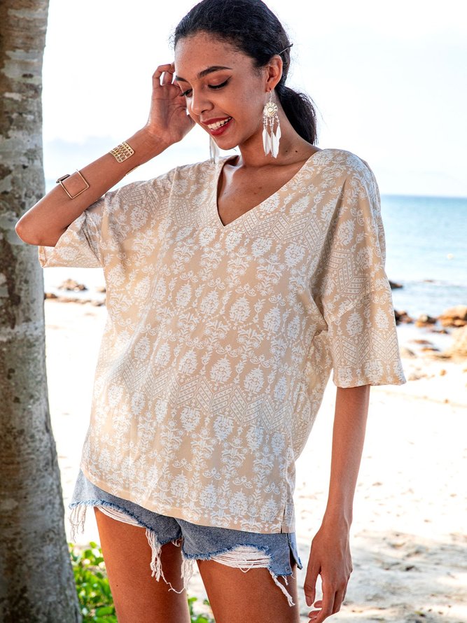 Apricot Paneled Casual V Neck Top