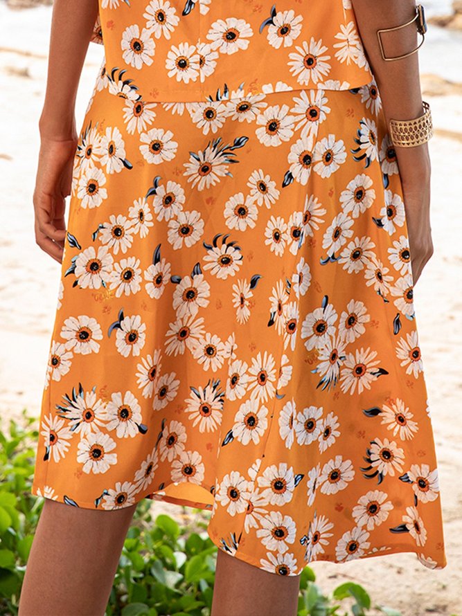 Pink-Yellow A-Line Floral Holiday Midi Skirt