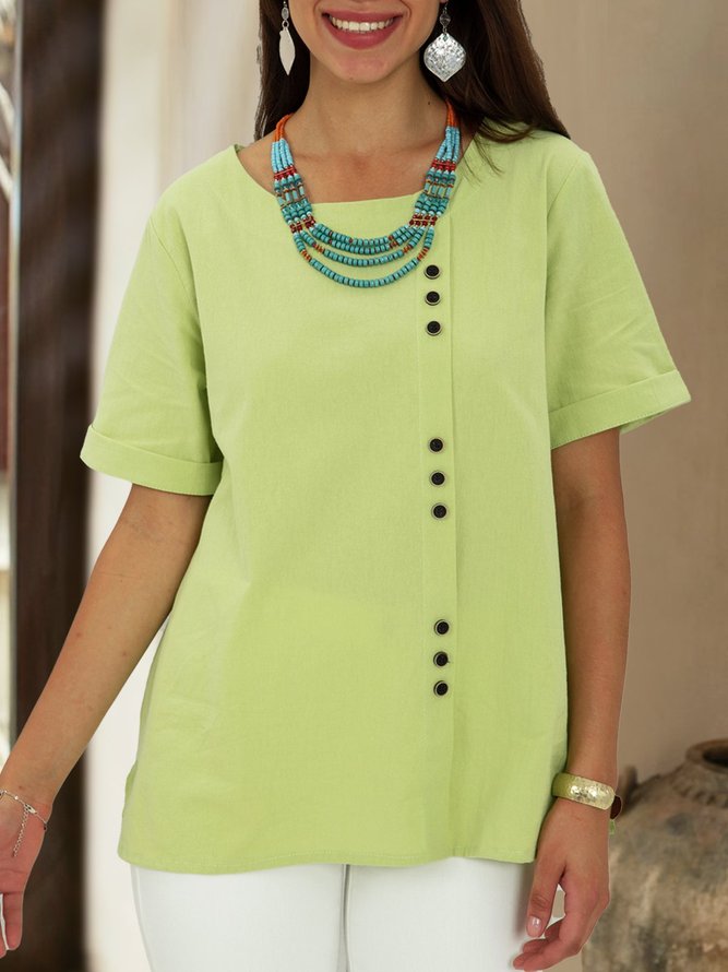 Light Green Crew Neck Short Sleeve Solid Buttoned Top