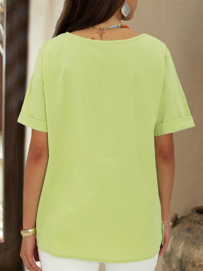 Light Green Crew Neck Short Sleeve Solid Buttoned Top