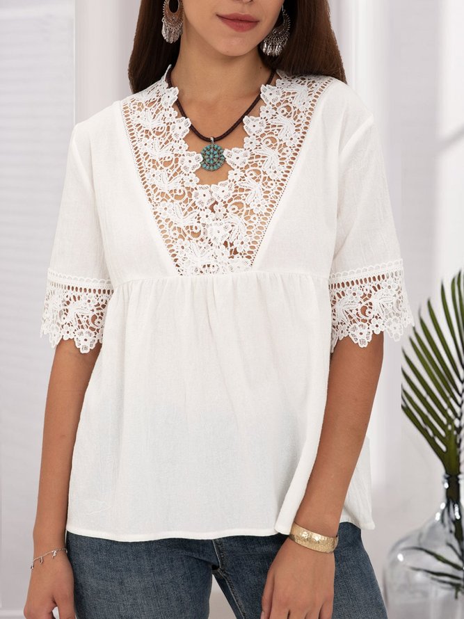 White Solid Holiday Short Sleeve Lace Top
