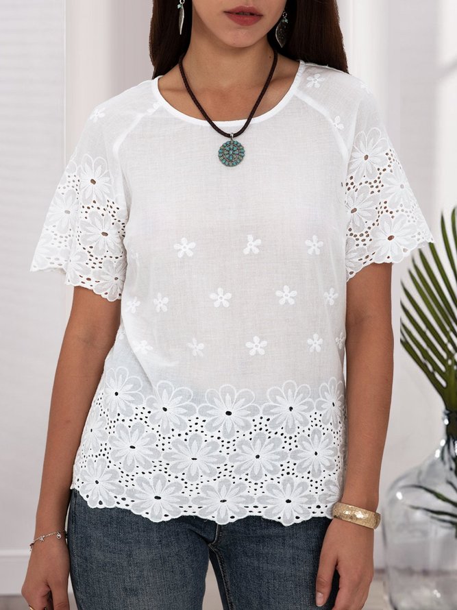 White Embroidered Short Sleeve Crew Neck Top
