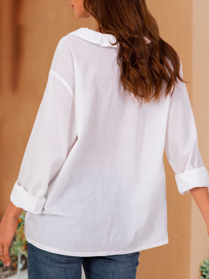 White Shirt Collar Solid Shift Long Sleeve Top