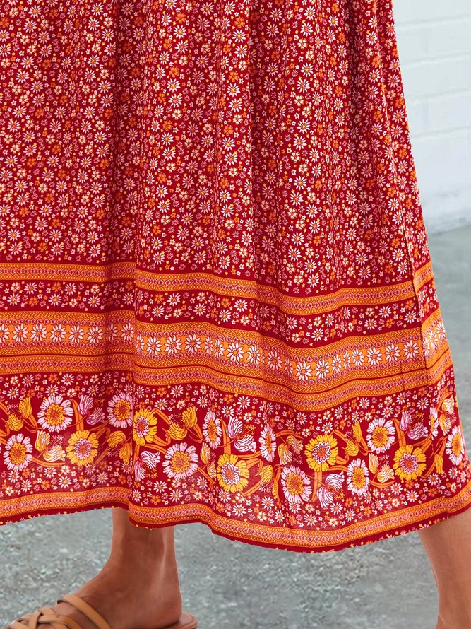 Orange Long Sleeve Printed V Neck Shift Boho Maxi Dress
