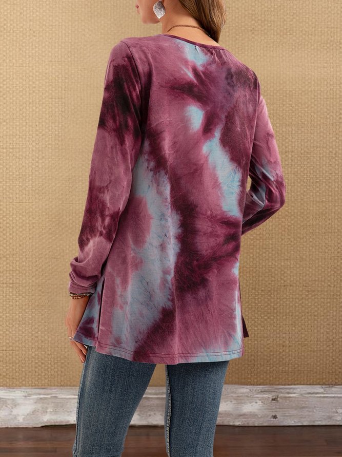 Blue Purple Abstract V Neck Casual Top