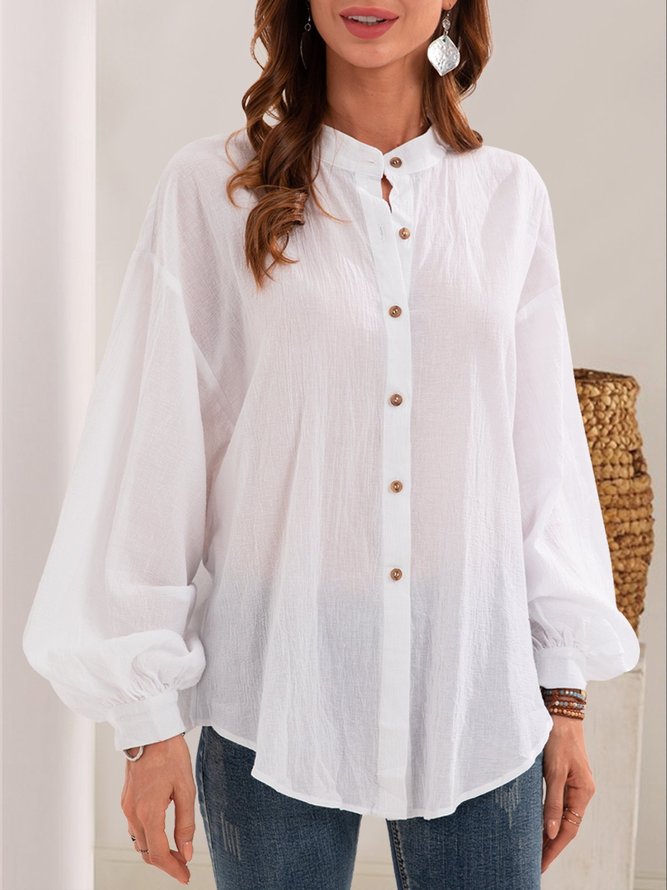 White Solid Long Sleeve Shift  Blouse