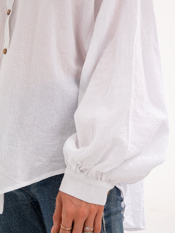 White Solid Long Sleeve Shift  Blouse