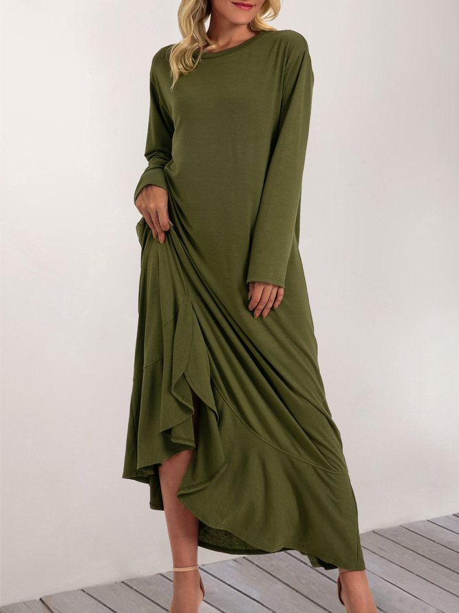 Olive Green Long Sleeve Crew Neck Maxi Dress | stylewe