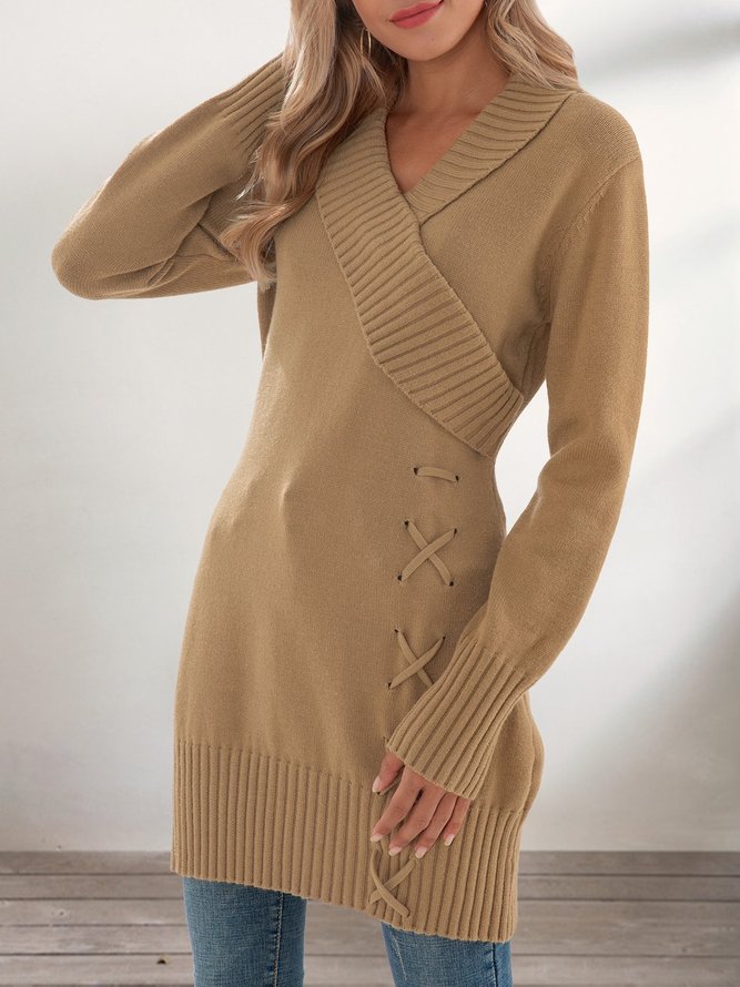 Khaki casual long-sleeved lace-up sweater