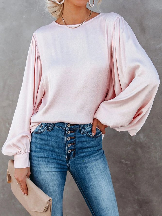 Long Sleeve Crew Neck Solid Simple & Basic Blouse