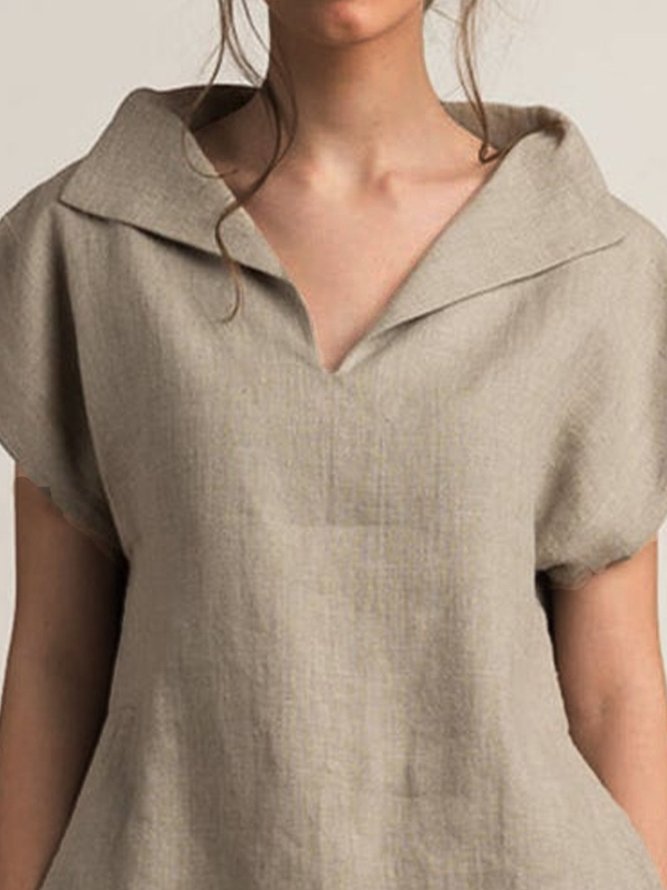Linen Casual Short Sleeve V Neck Daily Top