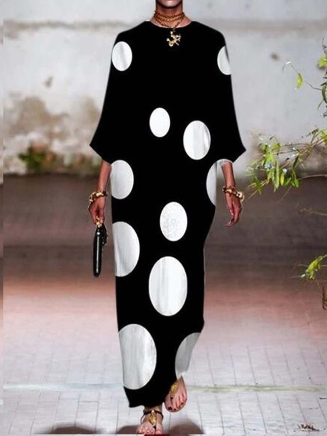 Cotton-Blend Polka Dots 3/4 Sleeve Casual Dress