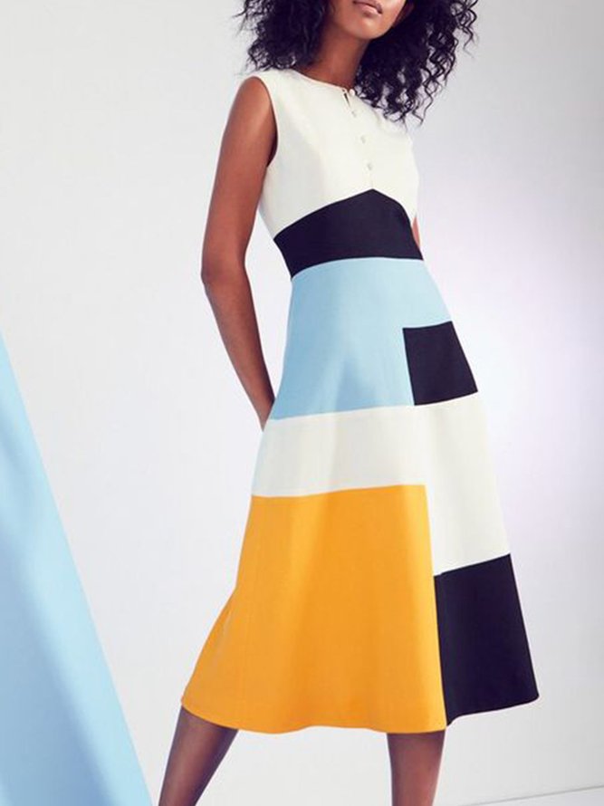 Geometric A-Line Color Block Sleeveless Midi Dress