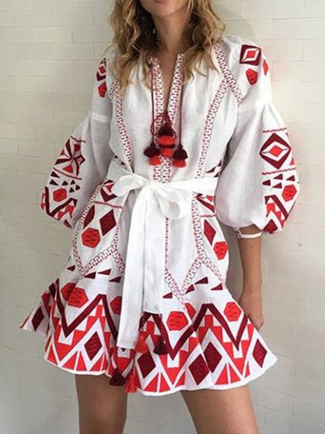 3/4 Sleeve A-Line Tribal Holiday Dress