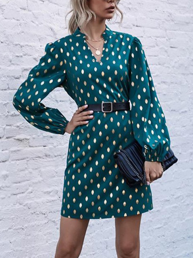 Shift Long Sleeve Polka Dots Mini Dress