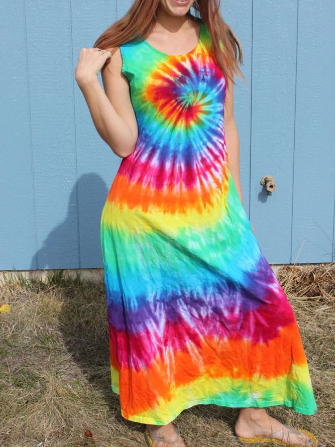 Tie Dye Rainbow Sleeveless Round Neck Midi Dress | stylewe