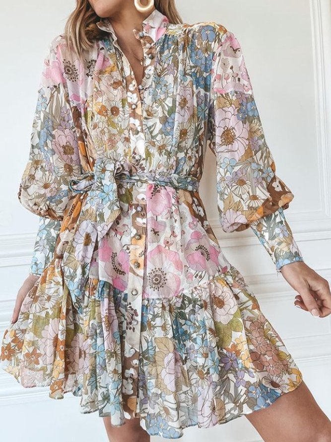 Long Sleeve Printed Holiday Floral Dress