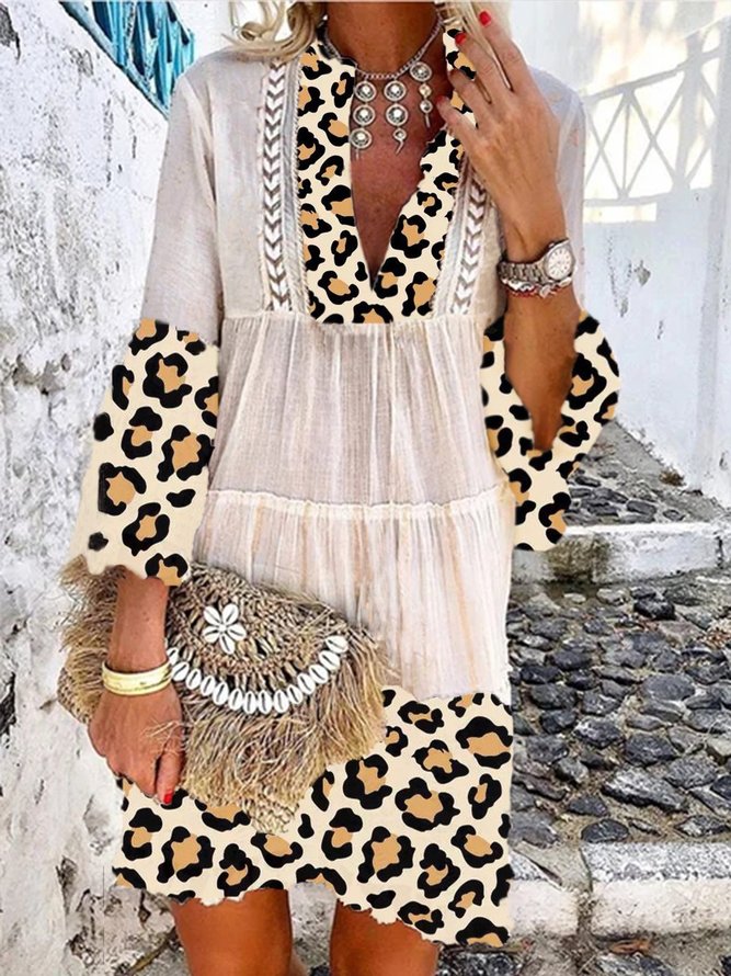 Holiday Leopard Shift 3/4 Sleeve Mini Dress