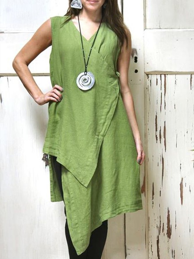 Green Women V Neck Cotton-Blend Holiday Shift Blouse