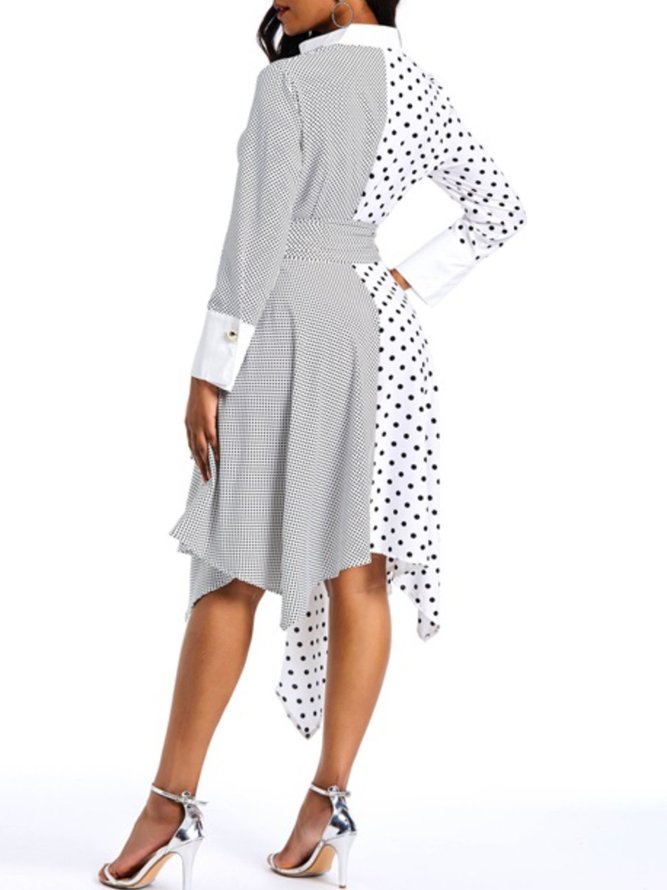 Work A-Line Polka Dots Long Sleeve Midi Dress