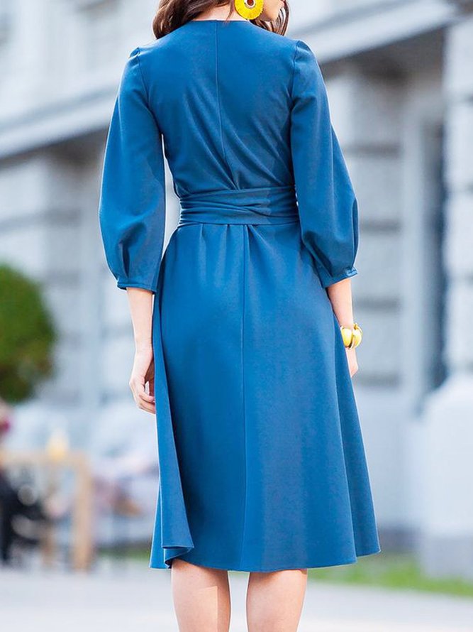 3/4 Sleeve Elegant V Neck Solid Midi Dress