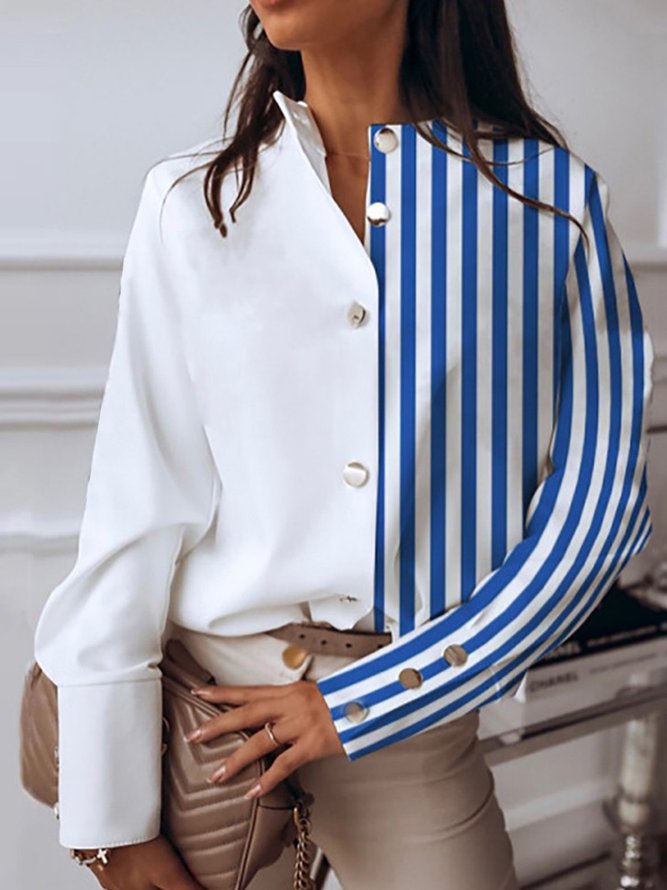 Stripes Long Sleeve Casual Stand Collar Top