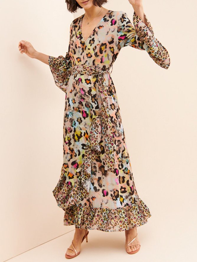 Leopard Sheath Long Sleeve Elegant V Neck Maxi Dress