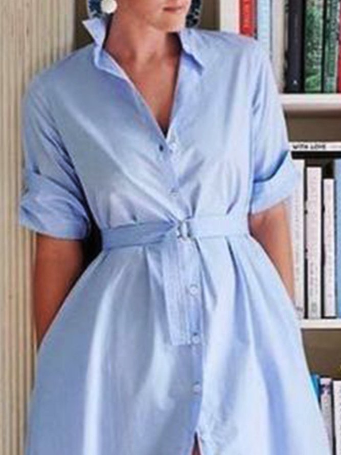 Shirt Collar Color-Block Shift Half Sleeve Midi Dress