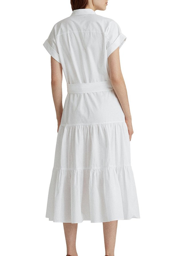 Short Sleeve Shirt Collar Plain Midi Dress