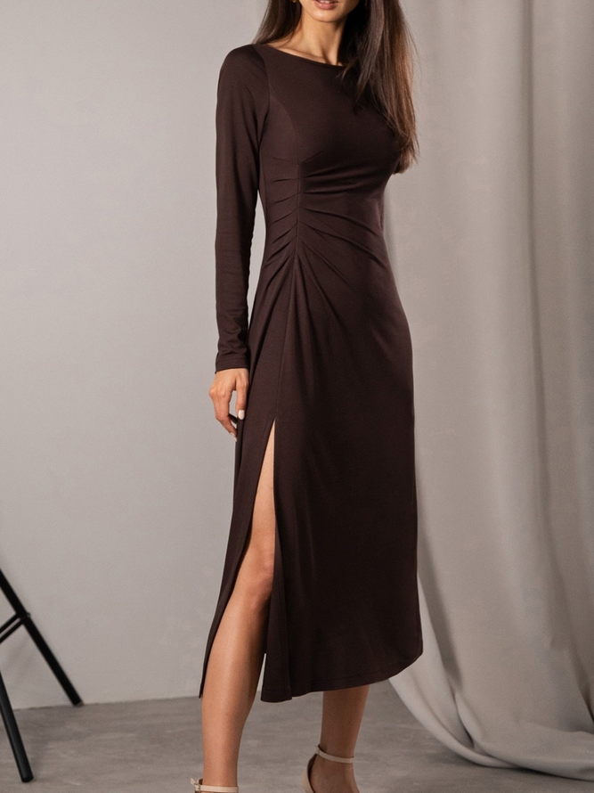 Fall Spring Crew Neck Long Sleeve Simple Cotton Ruched Dresses