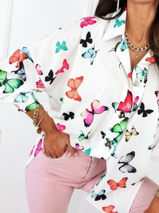 Shirt Collar Shift Holiday Butterfly  Top