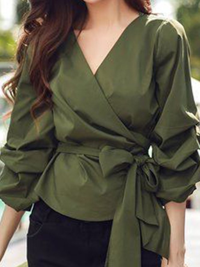 V Neck Long Sleeve Solid Shift Daily Top