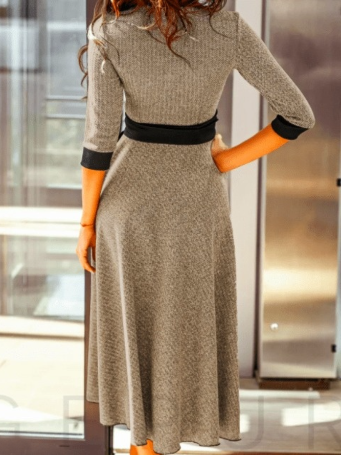 Fall Color-block Cotton A-Line 3/4 Sleeve Lady Dress