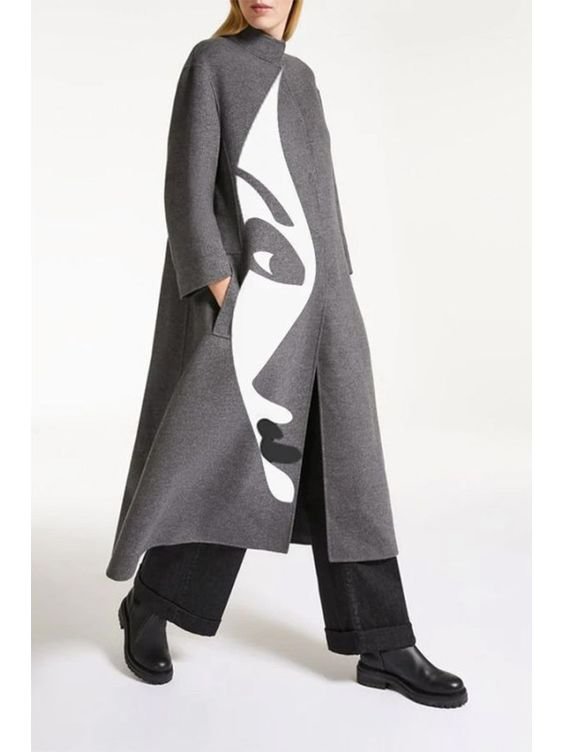 Shift Printed Stand Collar Long Sleeve Overcoat