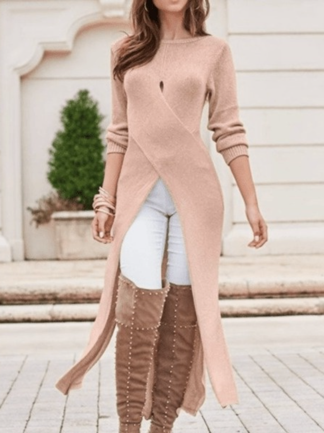 Fall Crew Neck Slit Long Sleeve A-Line Elegant Lady Sweater
