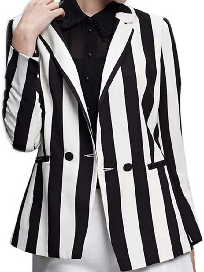 Fall Striped Simple Loosen Mid-weight Work Formal Outerwear