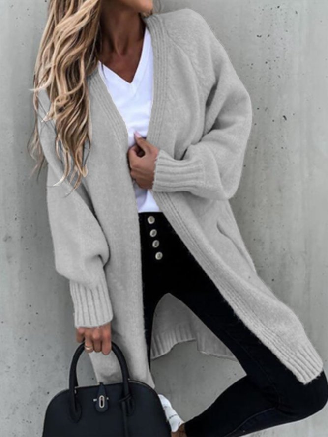Solid Collarless Casual Long sleeve Sweater Coat