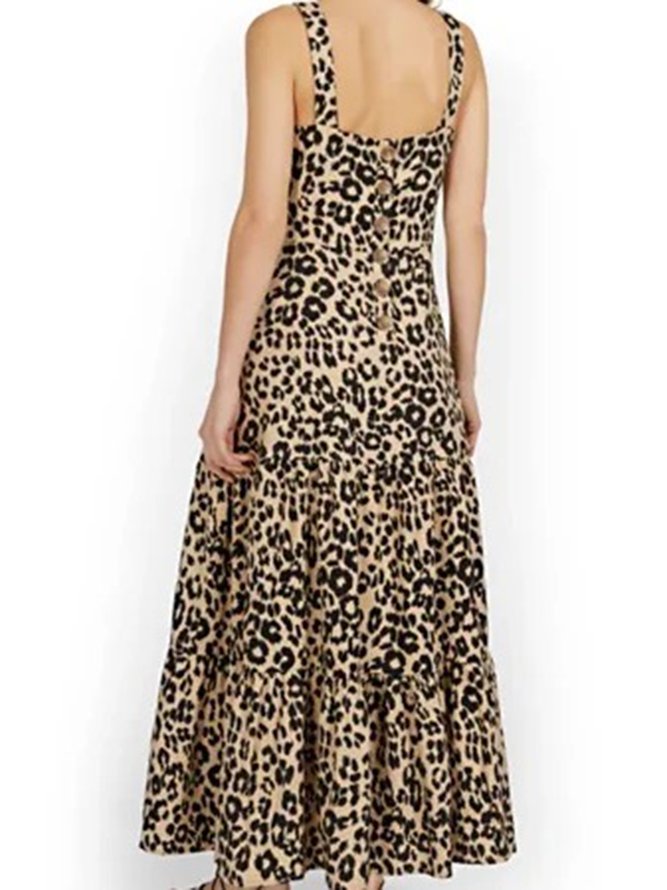 Square Neck Maxi Dresses Shift Leopard Dress