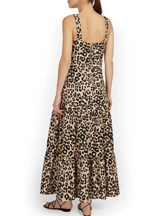 Square Neck Maxi Dresses Shift Leopard Dress