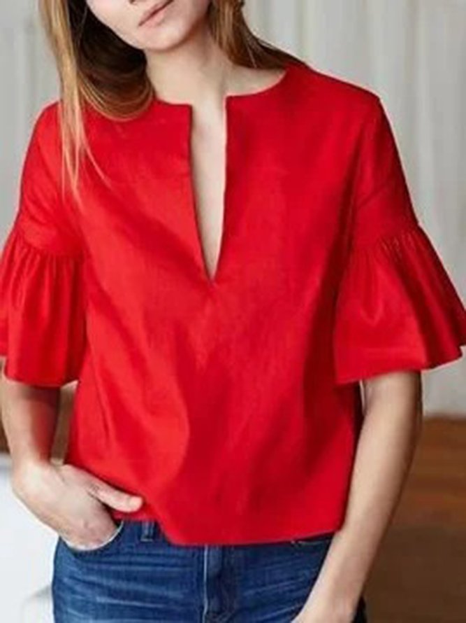 V Neck Solid Holiday Frill Sleeve Blouse