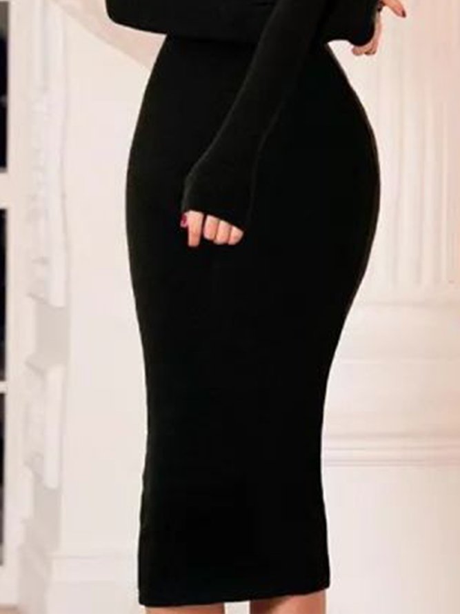 Long Sleeve Solid Skinny High Neck Midi Dress | stylewe