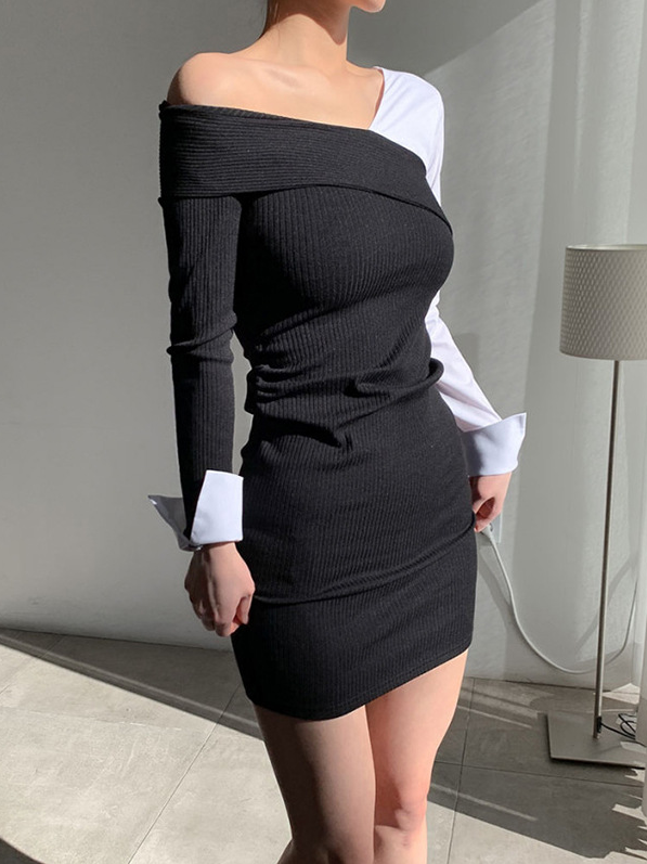 Sexy,Elegant One Shoulder Color Block Skinny Dress