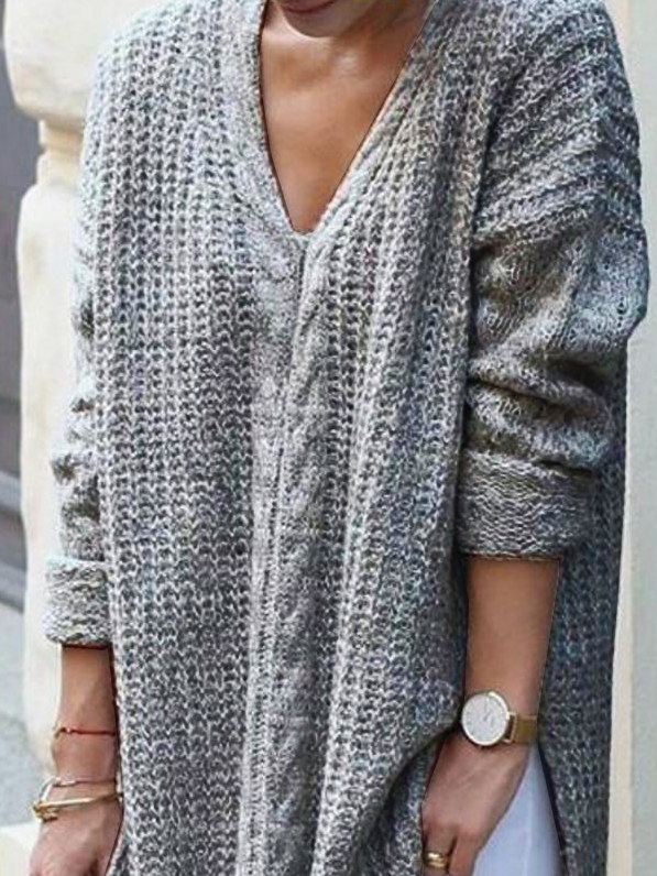 V neck  Slit Casual Yarn/Wool Yarn Loosen Sweater