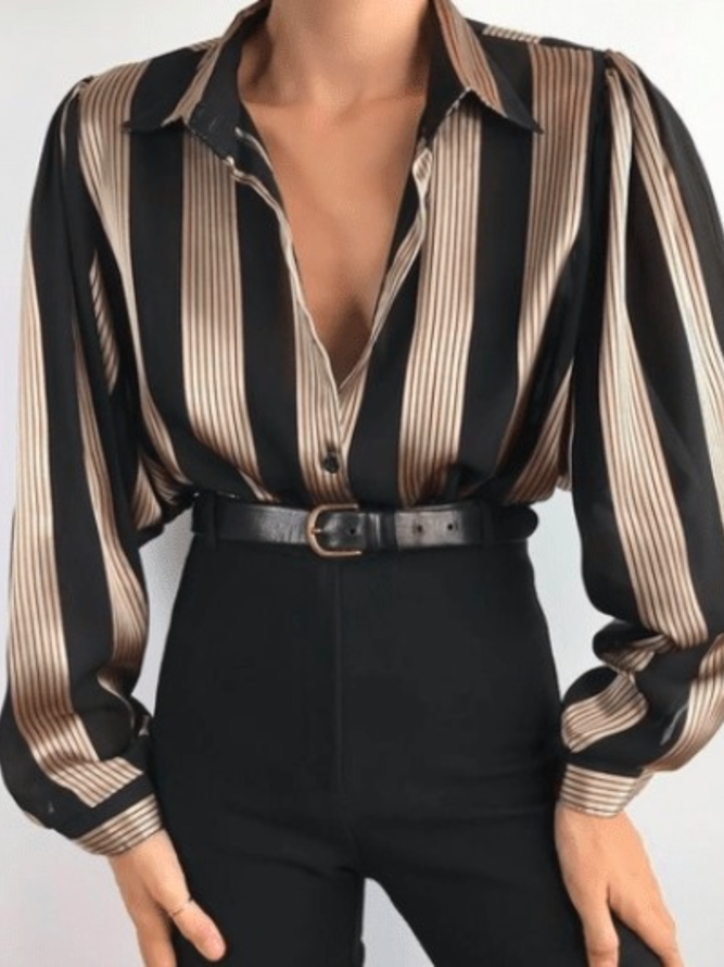 Stripe Shirt Collar Work Formal Lightweight Long sleeve Tops