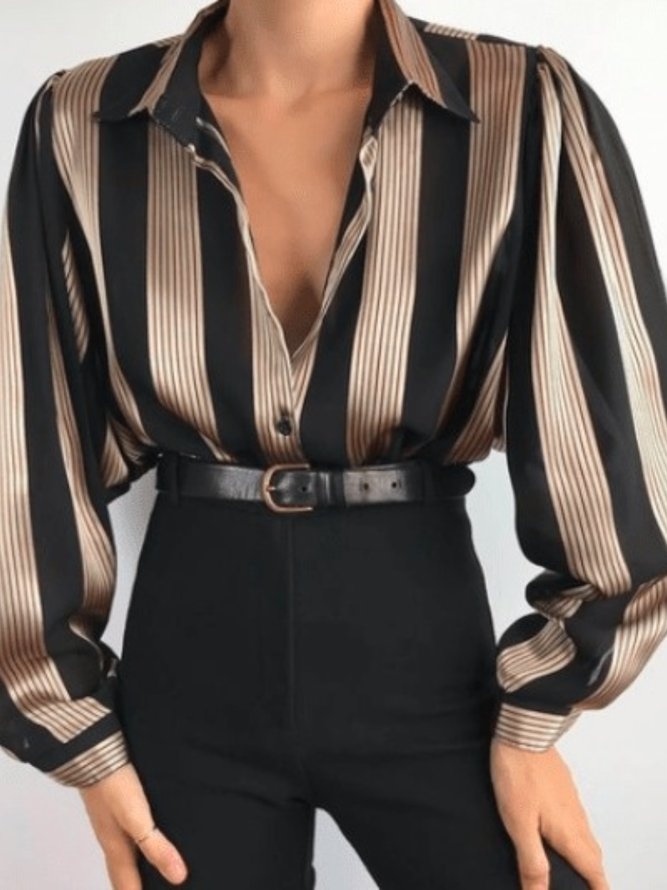 Stripe Shirt Collar Work Formal Lightweight Long sleeve Tops