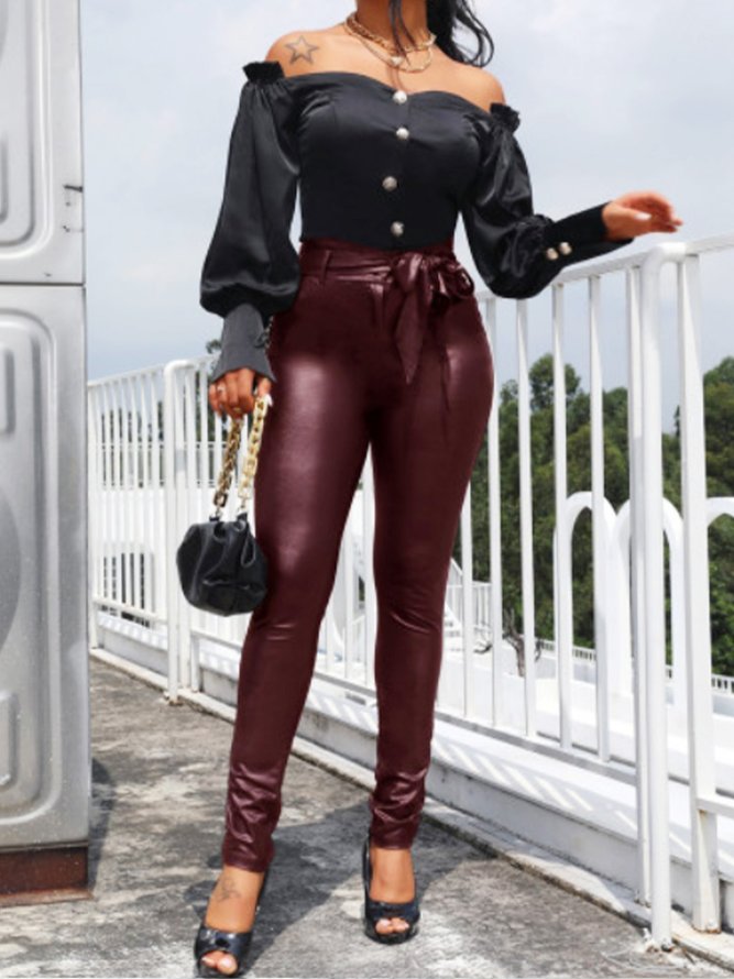Pu leather Daily Solid Skinny Pants