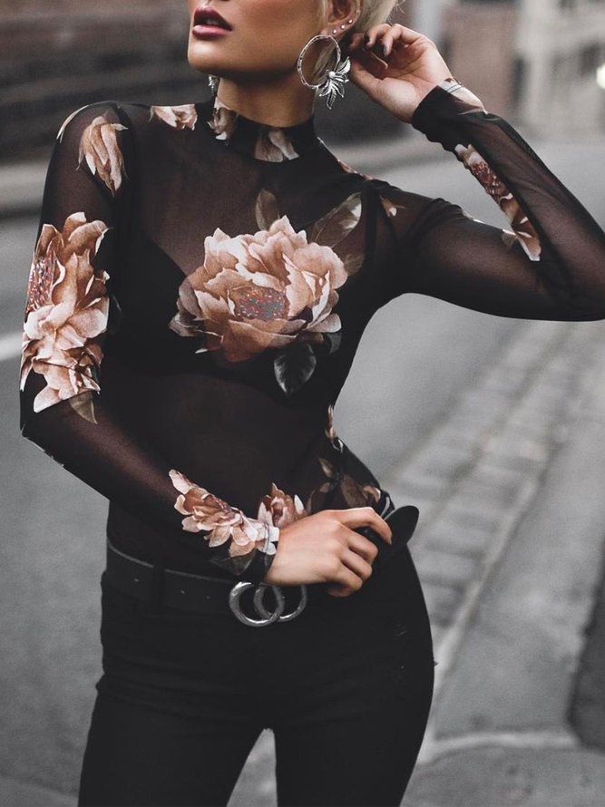 Floral Lady Long Sleeve Skinny High Neck Top